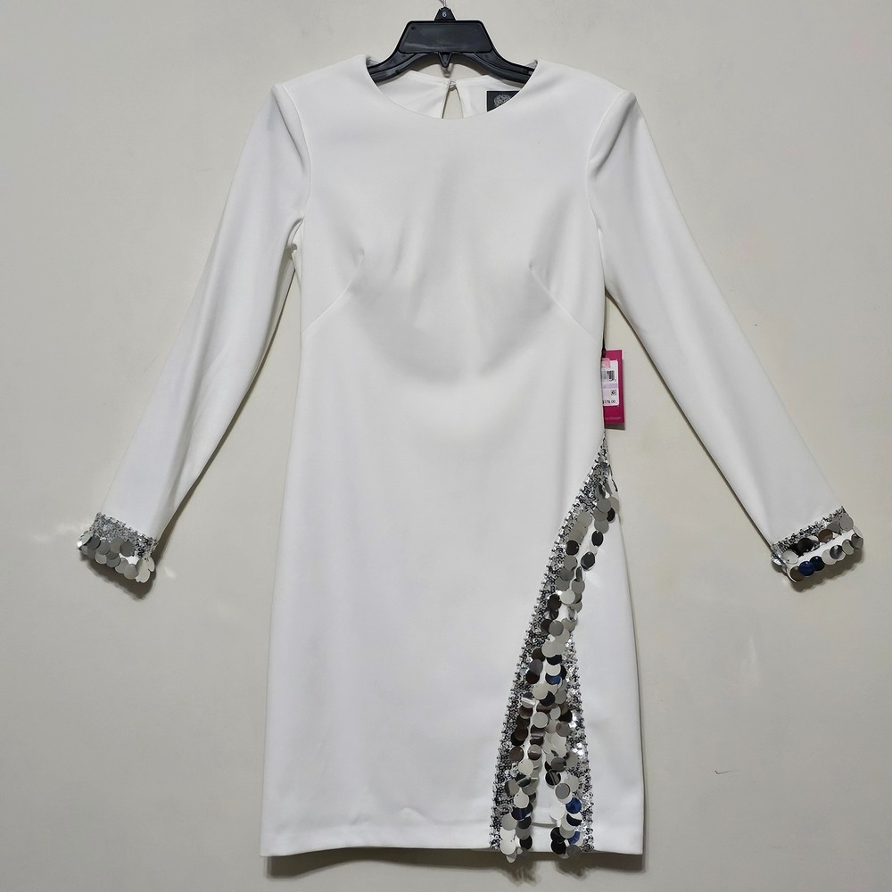 Vince Camuto Dress 6 Fits Small White Round Neck Long Sleeves Sequin Slit 0754